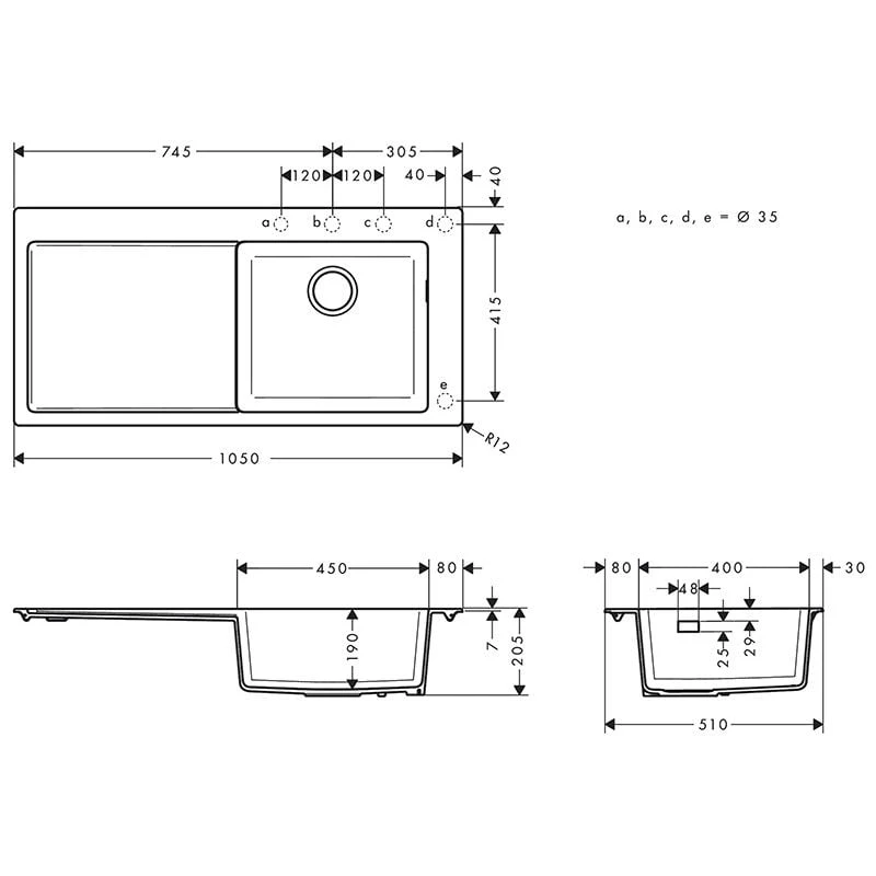 Hansgrohe S514-F450 Built-in Kitchen Sink 450 With Drainboard Left - Graphite Black - 43314170 2 Hansgrohe S514-F450 Built-in Kitchen Sink 450 With Drainboard Left - Graphite Black - 43314170 - Image 2