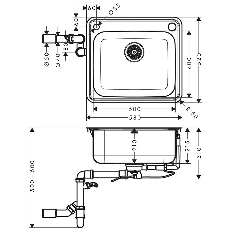 Hansgrohe S412-F500 Built-in Kitchen Sink 500/400 - Stainless Steel - 43336800 2 Hansgrohe S412-F500 Built-in Kitchen Sink 500/400 - Stainless Steel - 43336800 - Image 2