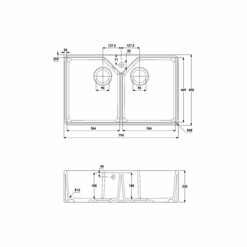 Abode Provincial 2 Bowl Ceramic Kitchen Sink - White - AW1021 3 Abode Provincial 2 Bowl Ceramic Kitchen Sink - White - AW1021 - Image 3