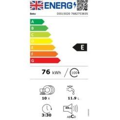 Beko DIS15020 Integrated 5 Programme Dishwasher - White 9 Beko DIS15020 Integrated 5 Programme Dishwasher - White -Blanco Shop b e beko dis15020 energy label