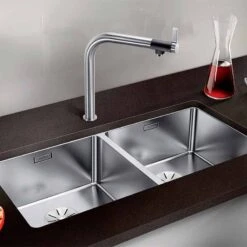 Blanco ANDANO 400/400-U 2 Bowl Undermount Stainless Steel Kitchen Sink With Manual InFino Drain System - Satin Polish - 522987