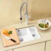 Blanco SUBLINE 350/150-U 1.5 LH Bowl Undermount Ceramic Kitchen Sink With Manual InFino Waste - Crystal White - 523741