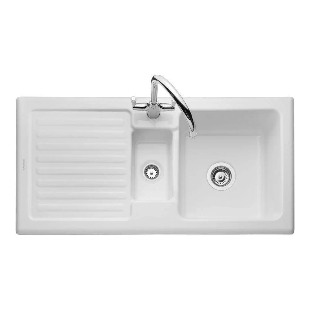 Rangemaster Rustic 1.5 Bowl Fire Clay Ceramic Kitchen Sink - White - CRT10202WH/ 1 Rangemaster Rustic 1.5 Bowl Fire Clay Ceramic Kitchen Sink - White - CRT10202WH/