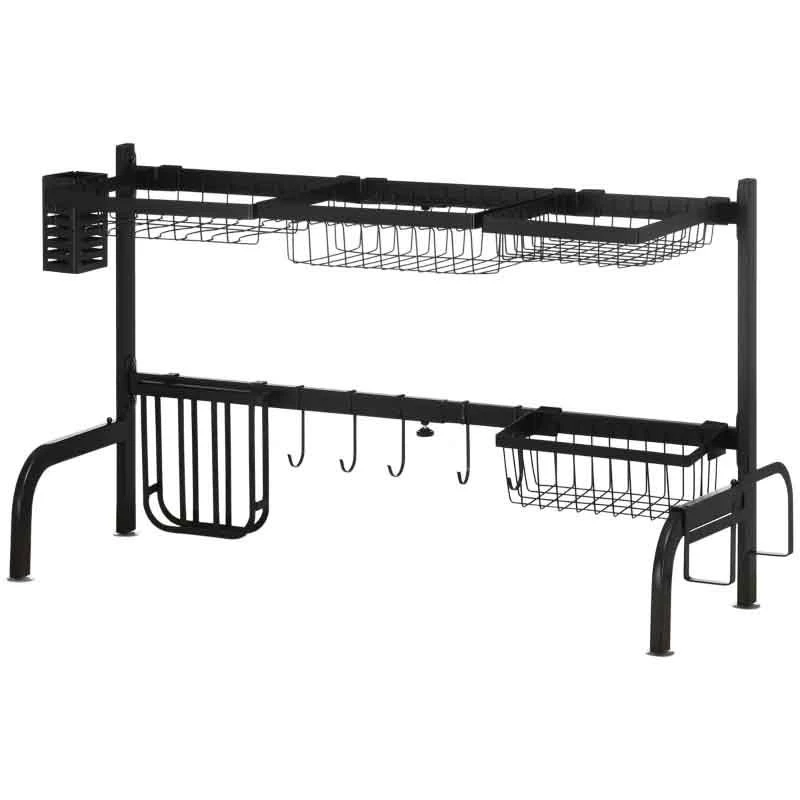 HOMCOM 2 Tier Adjustable Over The Sink Dish Drainer - Black - 801-286V00BK 4 HOMCOM 2 Tier Adjustable Over The Sink Dish Drainer - Black - 801-286V00BK - Image 4