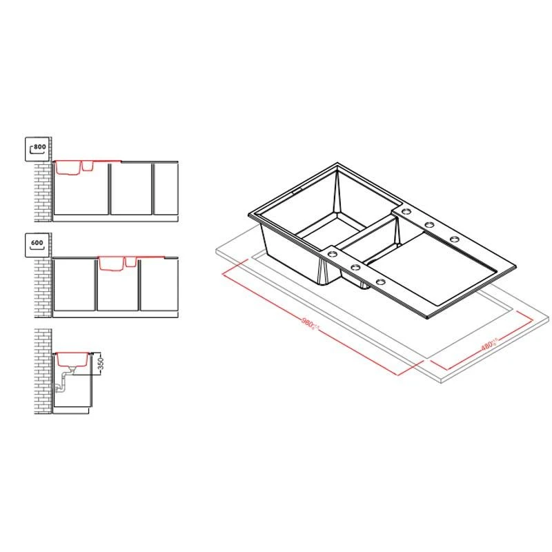 Reginox EASY 475 Elleci 1.5 Bowl Granite Kitchen Sink - Black - EASY 475 B 3 Reginox EASY 475 Elleci 1.5 Bowl Granite Kitchen Sink - Black - EASY 475 B - Image 3