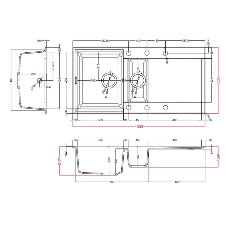 Reginox EASY 475 Elleci 1.5 Bowl Granite Kitchen Sink - Black - EASY 475 B 2 Reginox EASY 475 Elleci 1.5 Bowl Granite Kitchen Sink - Black - EASY 475 B - Image 2