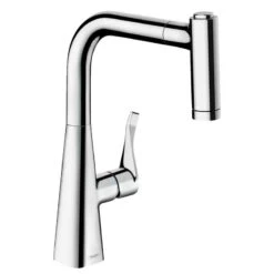 Hansgrohe Metris M71 EcoSmart Single Lever Kitchen Mixer Tap 220 With Pull-Out Spray & Sbox 2 Spray Modes - Chrome - 73823000