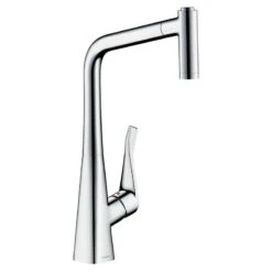 Hansgrohe Metris M71 EcoSmart Single Lever Kitchen Mixer Tap 320 With Pull-Out Spray & Sbox 2 Spray Modes - Chrome - 73824000