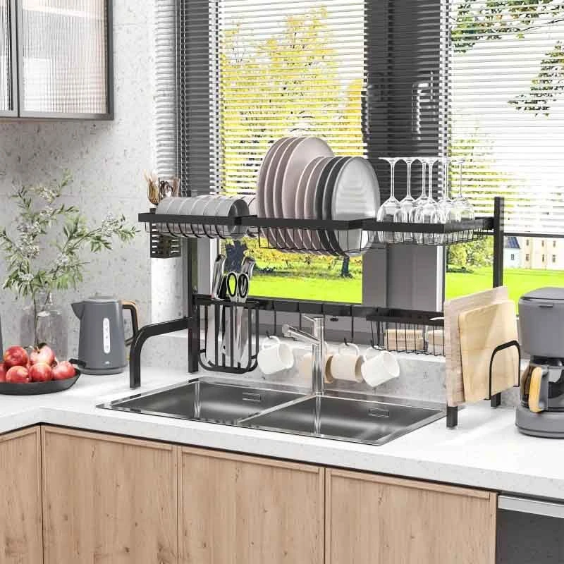 HOMCOM 2 Tier Adjustable Over The Sink Dish Drainer - Black - 801-286V00BK 1 HOMCOM 2 Tier Adjustable Over The Sink Dish Drainer - Black - 801-286V00BK