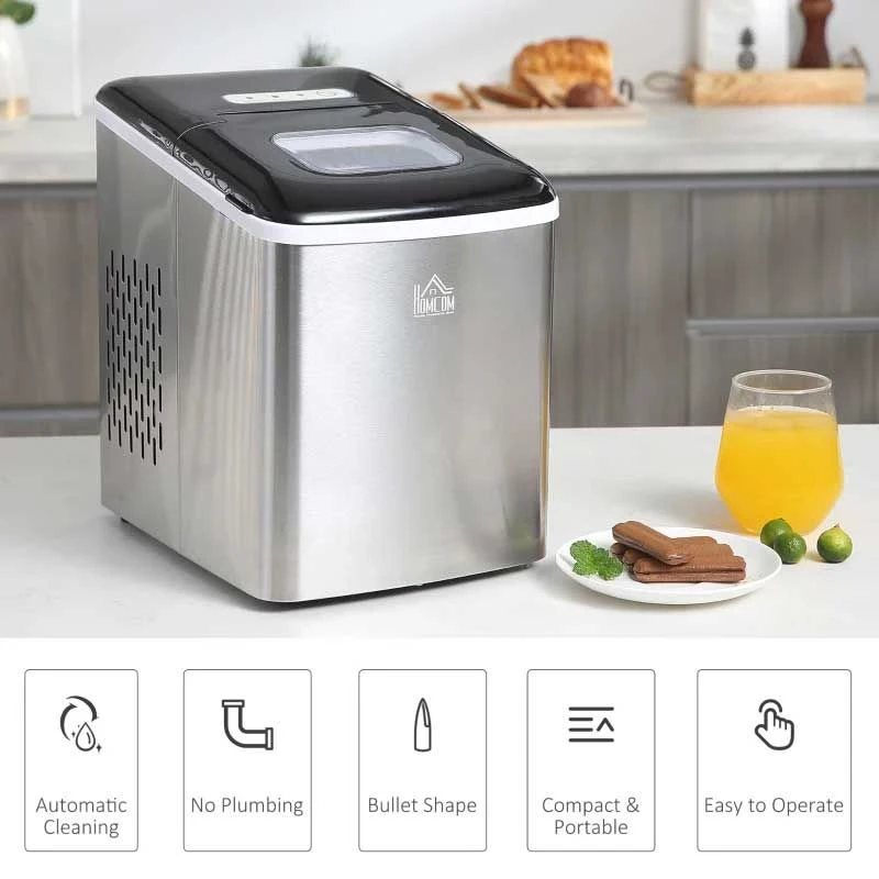 HOMCOM 12kg Portable Countertop Ice Maker Machine - Stainless Steel & Black - 800-075V70 9 HOMCOM 12kg Portable Countertop Ice Maker Machine - Stainless Steel & Black - 800-075V70 - Image 9