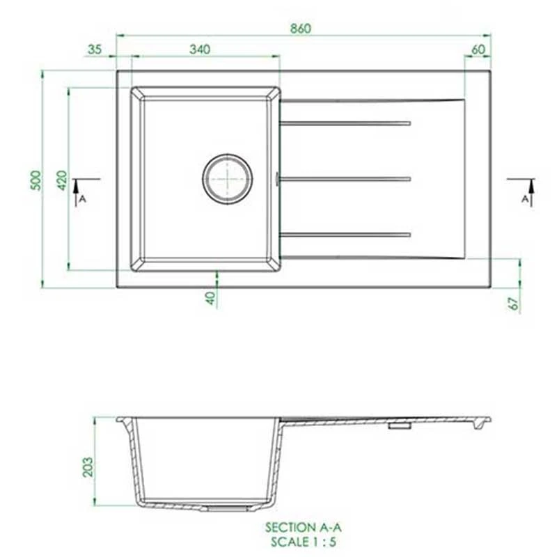 Prima+ 1 Bowl Granite Reversible Compact Inset Sink With Drainer - Gun Metal - CPR346 2 Prima+ 1 Bowl Granite Reversible Compact Inset Sink With Drainer - Gun Metal - CPR346 - Image 2