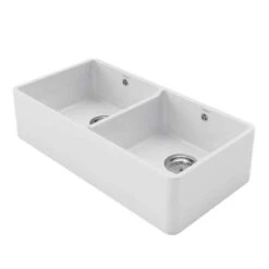 Rangemaster Farmhouse Belfast Ceramic 2 Bowl Sink 895x460mm - White - CFBL900WH/ -Blanco Shop r a rangemaster cfbl900wh side view