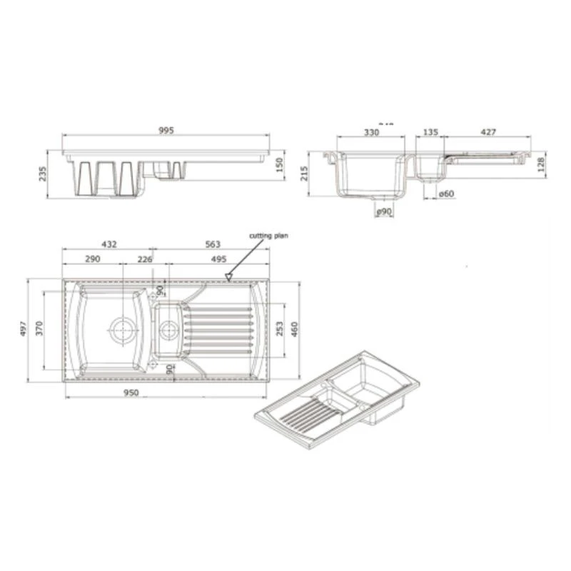 Thomas Denby Sonnet 1.5 Bowl Reversible Ceramic Kitchen Sink 1.5 Bowl & Drainer - White - SO15BWT 2 Thomas Denby Sonnet 1.5 Bowl Reversible Ceramic Kitchen Sink 1.5 Bowl & Drainer - White - SO15BWT - Image 2